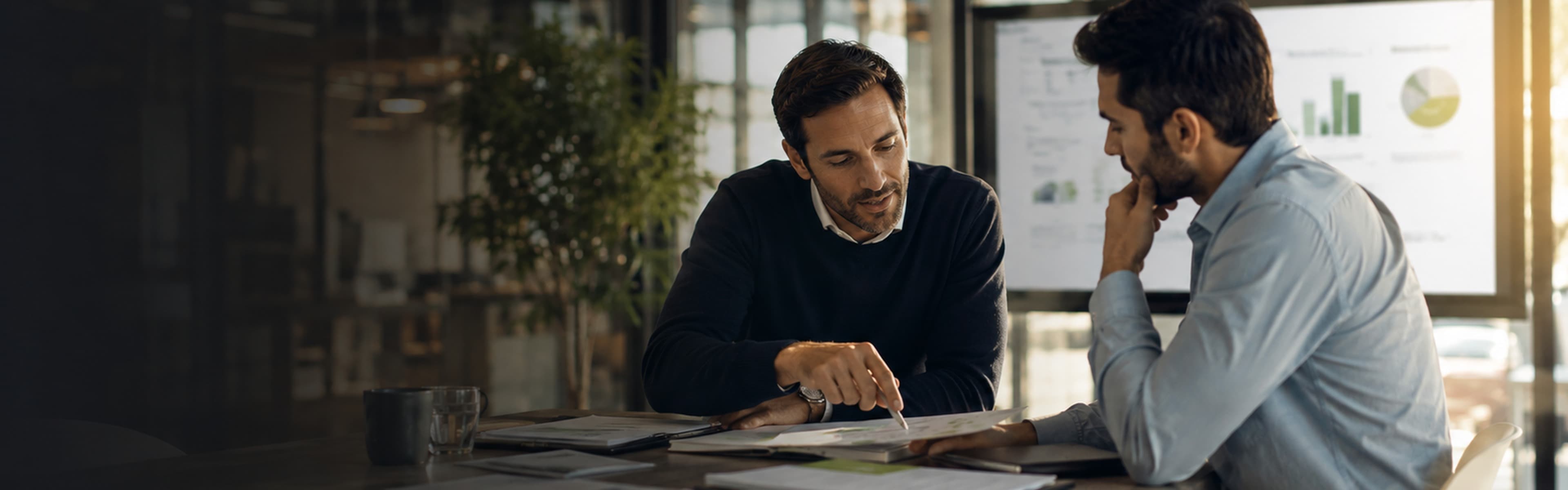 Asesor de Axes Leasing revisando propuesta de financiamiento con empresario de pequeña empresa mexicana